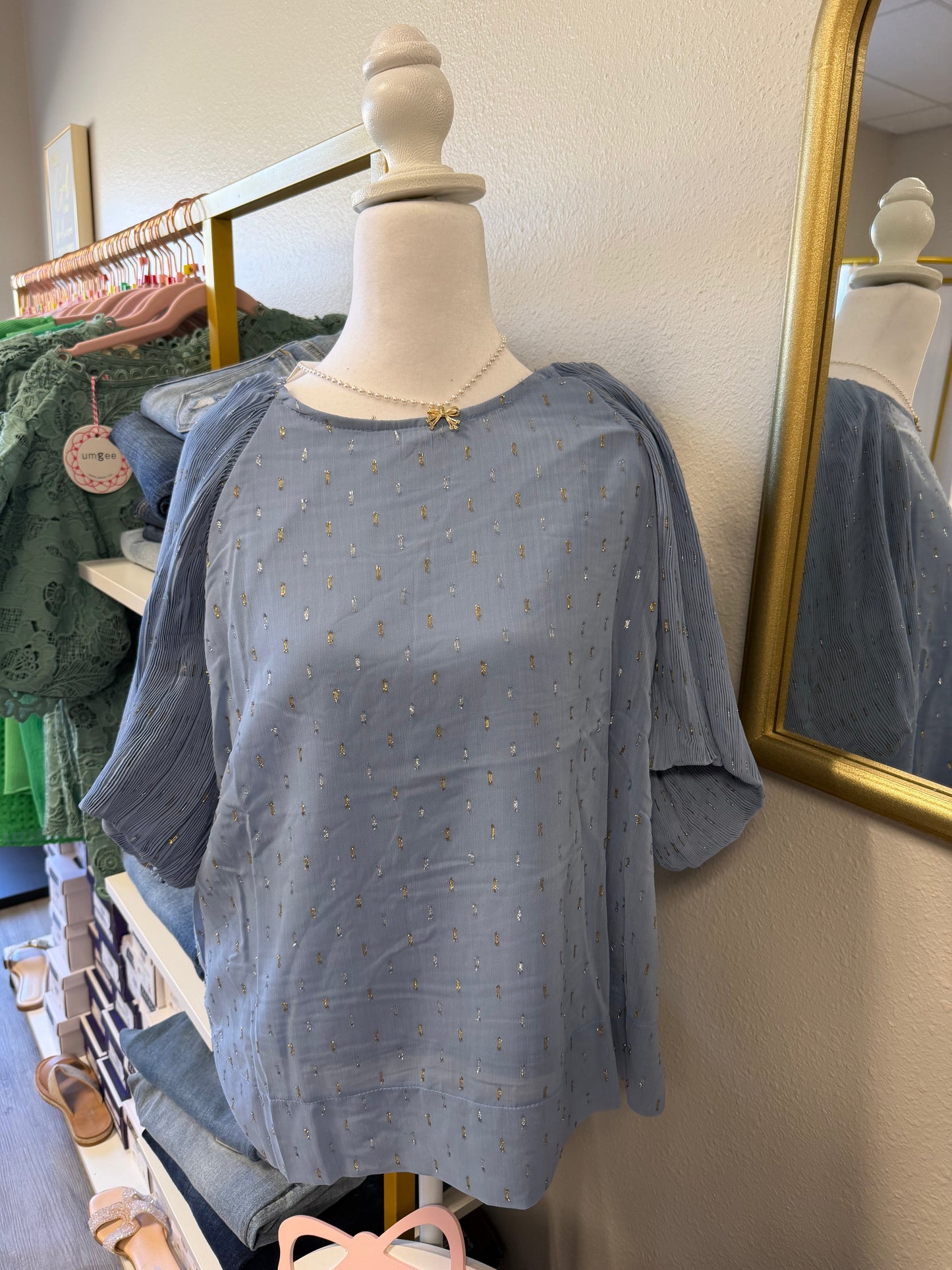 Light Blue Umgee Top with Gold and Silver