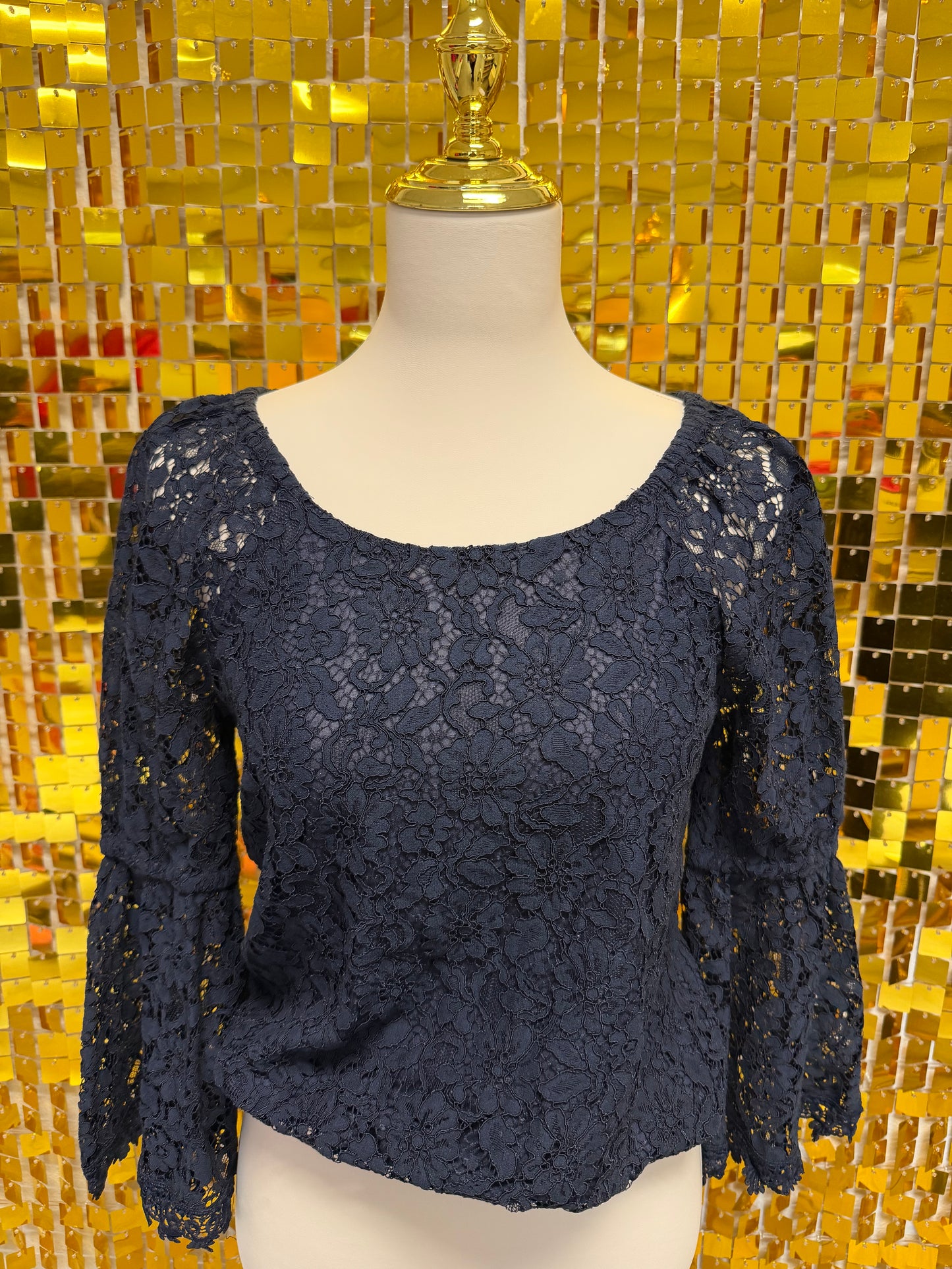 Navy Lace Floral Long Sleeve Blouse