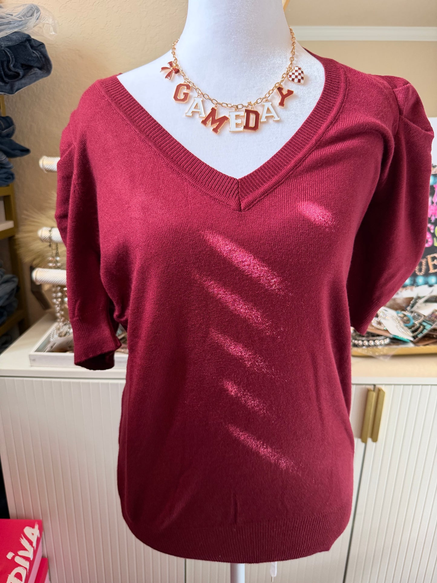 Burgundy V neck lightweight sweater top