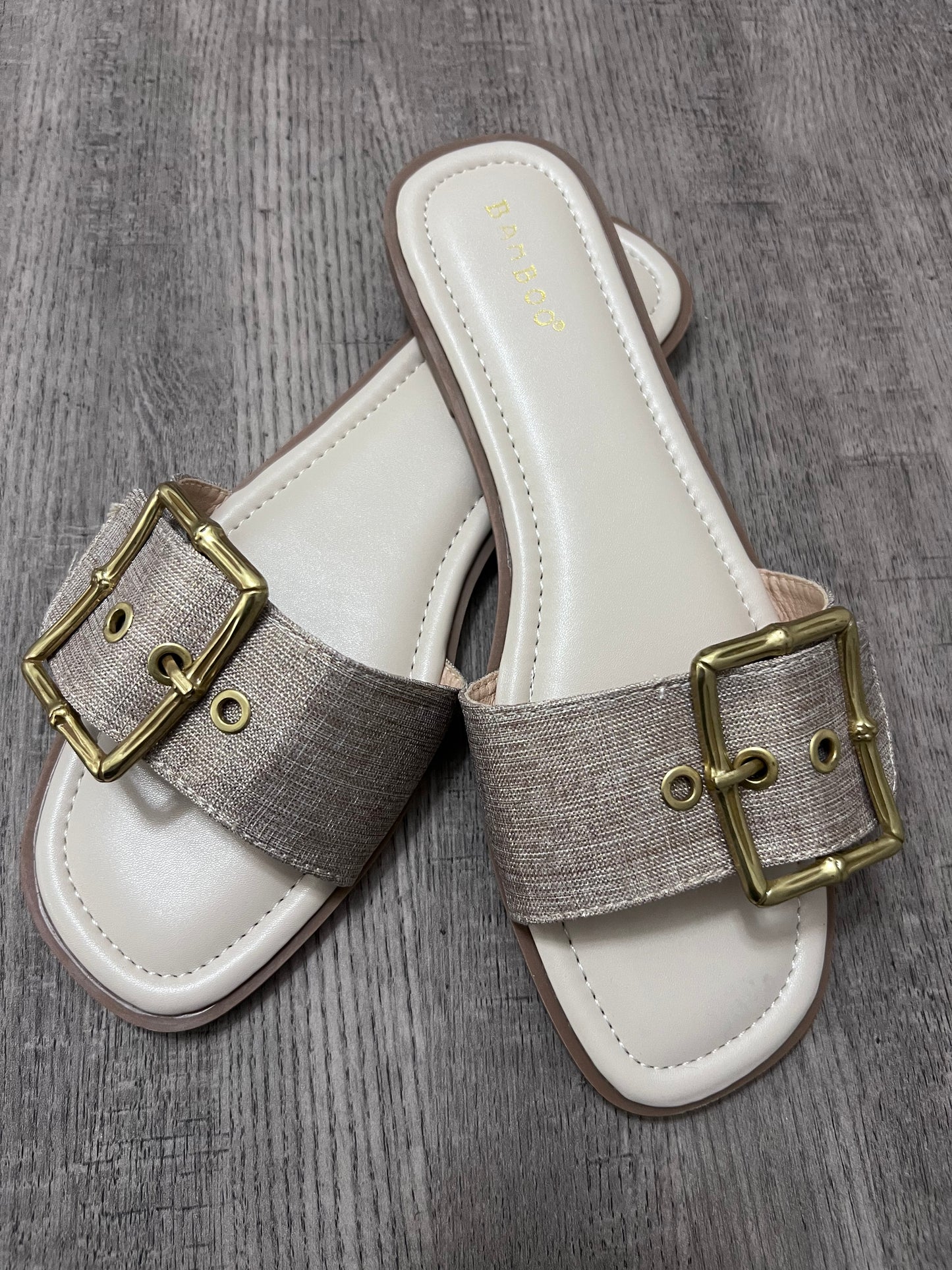 Taupe Gold Buckle Sandals