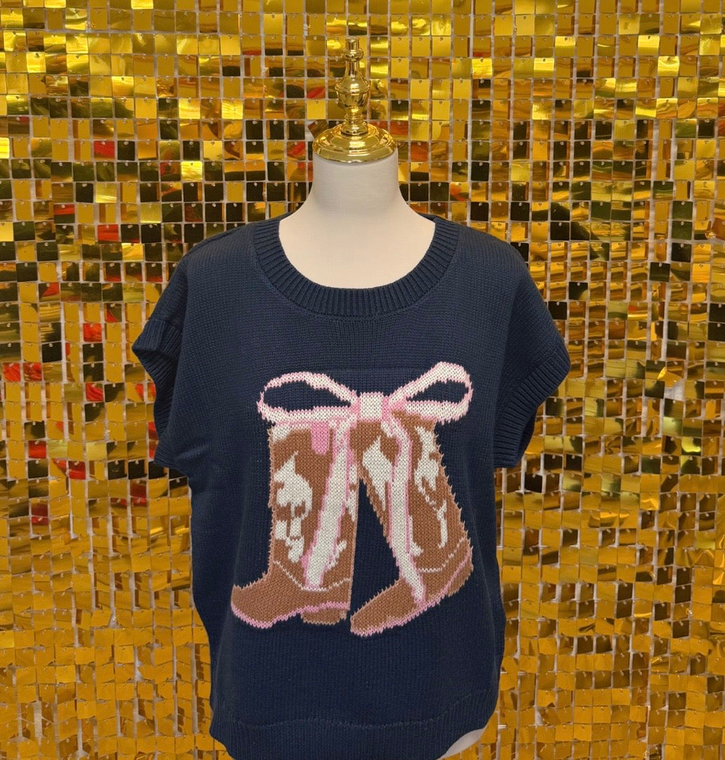Navy Boots with pink bow sweater tops