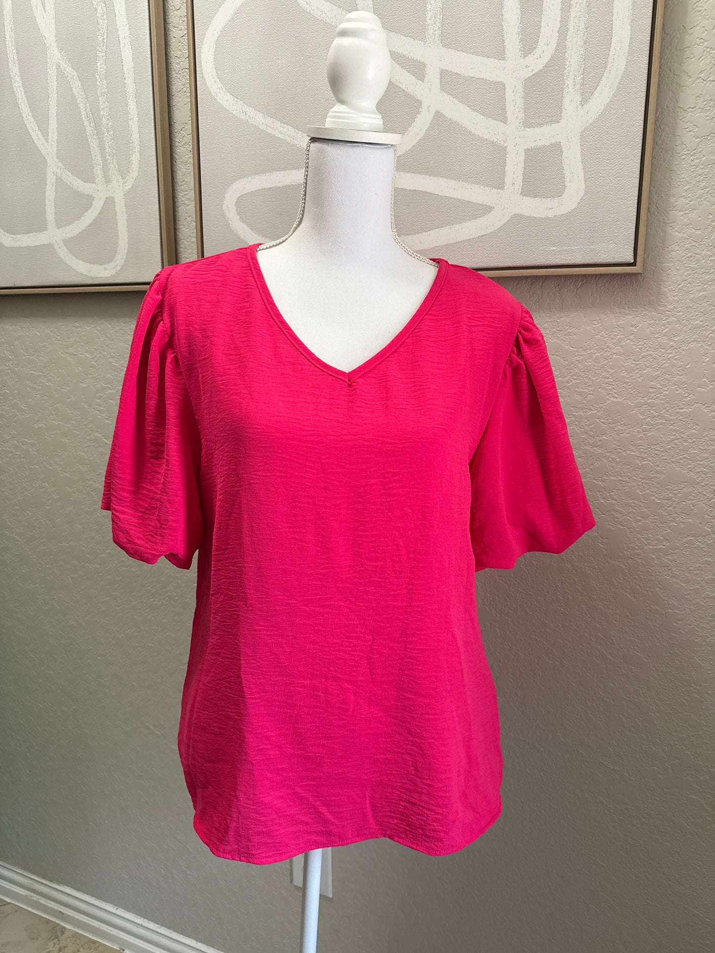 Puff Sleeve Hot Pink V Neck Blouse