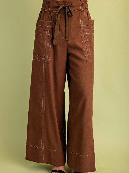 Brown wide leg pants with elastic and ribbon tie waist