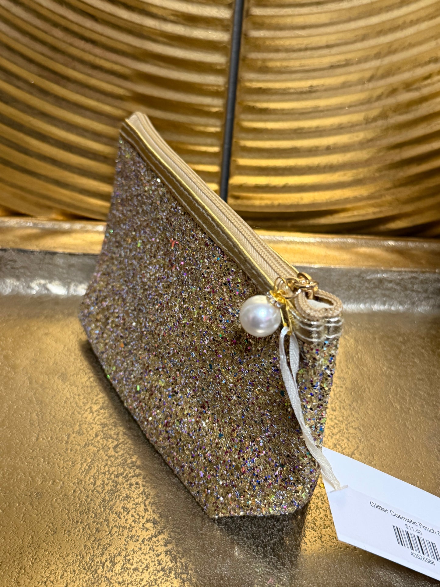 Gold glitter make up/cosmetic bag with faux pearl