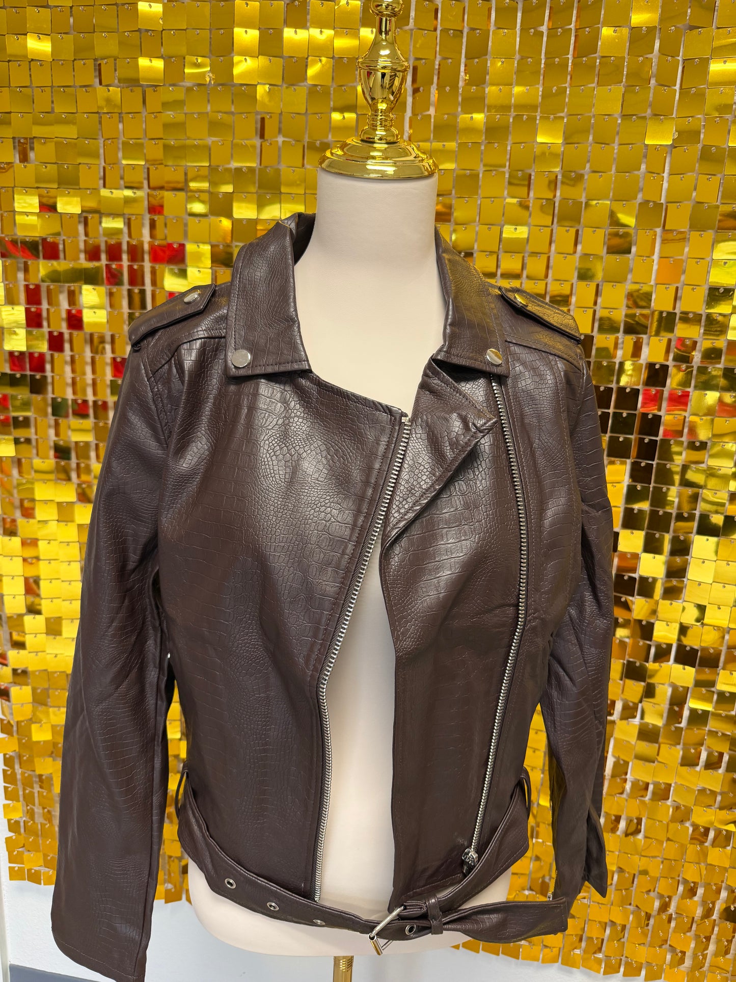 Brown Faux Leather Tie Jacket