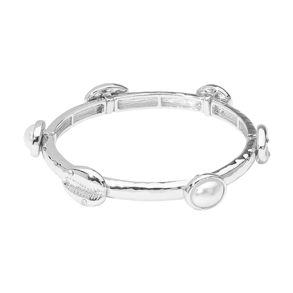 Faux pearl stone paved shell hammered metal stretch bracelet