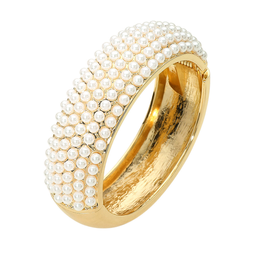 Faux pearl gold hinged bangle bracelet