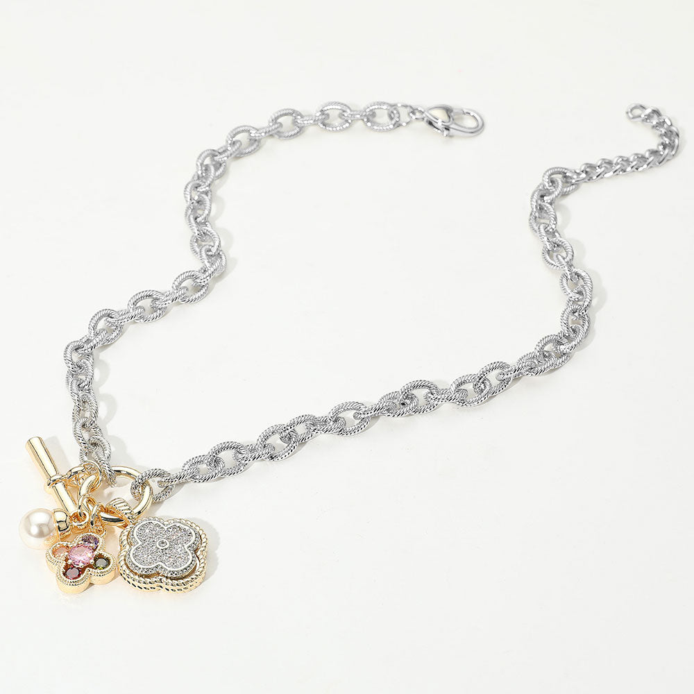 14K Gold Plated Two Tone CZ Faux Stone Paved Quatrefoil Pearl Charm Pendant Necklace