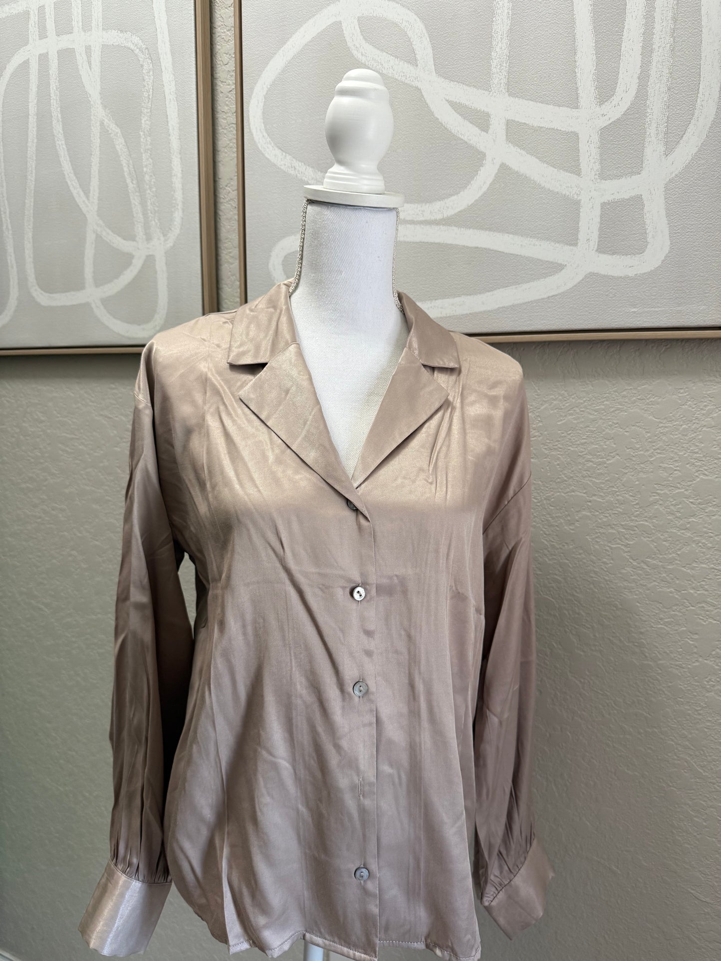 Satin Taupe Long Sleeve Button Up Blouse