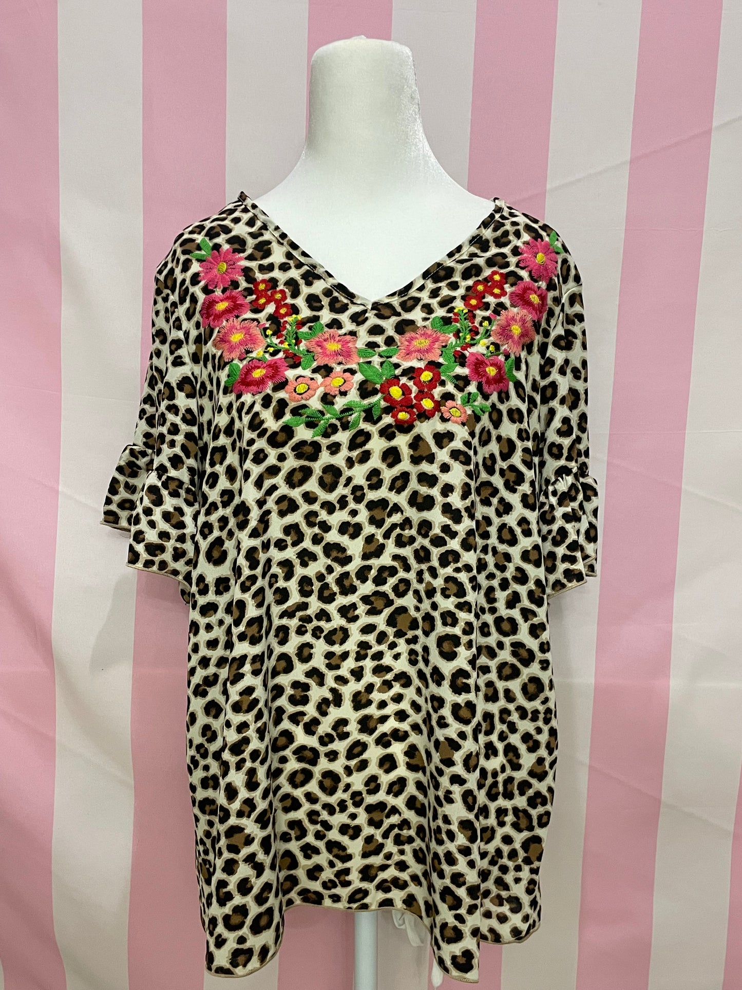 Cheetah print blouse with floral embroidery