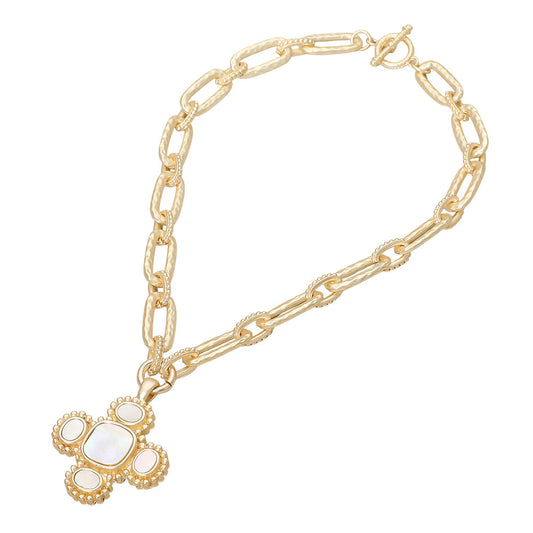 Faux Mother of pearl gold cross necklace