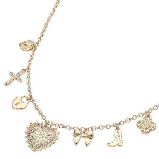 Heart, bow, boot, cross, lock, quatrefoil gold charm necklace