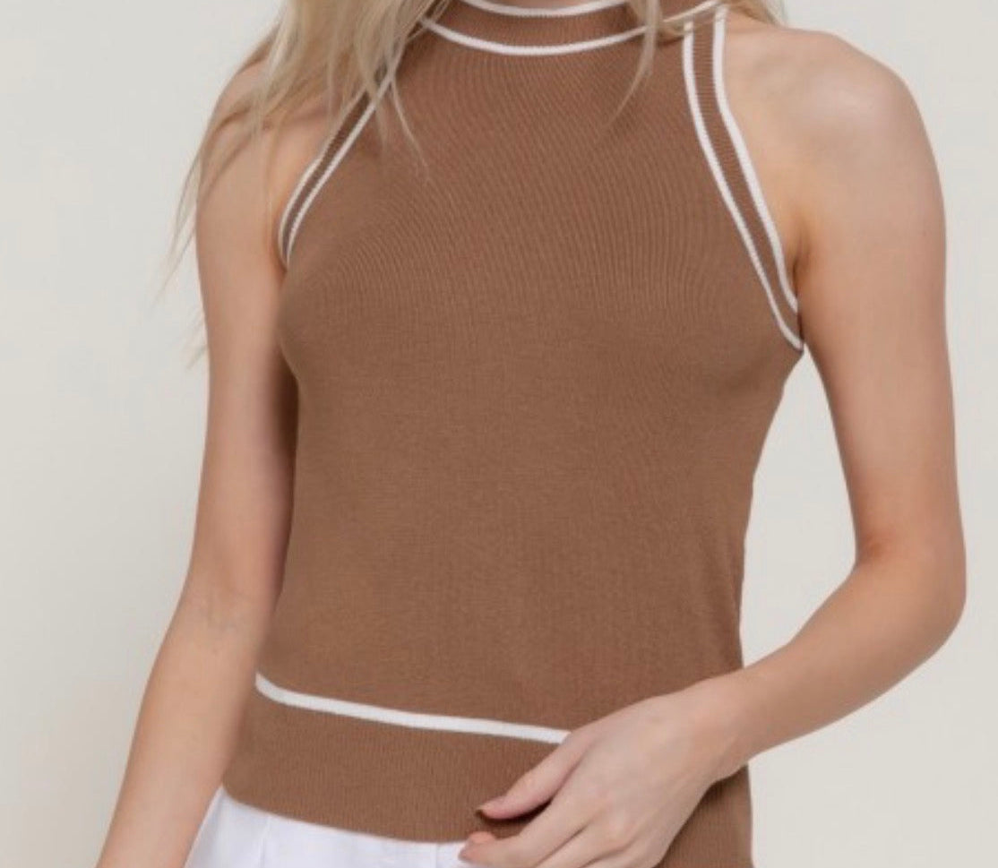Brown and white halter neck tank sweater