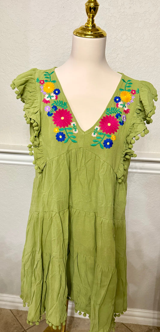 Fiesta Floral Embroidery Lime Green Pom Pom Dress