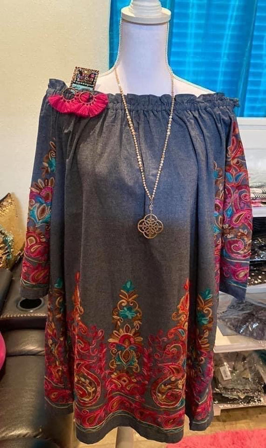 Denim embroidered dress