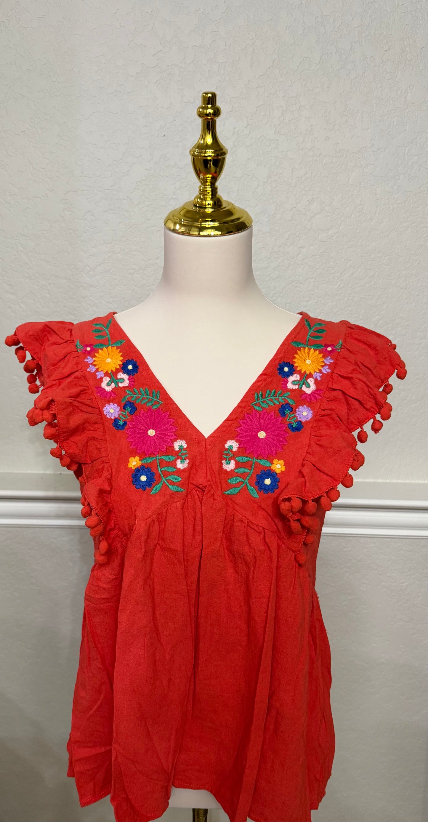 Fiesta Red Embroidered Floral Pom Pom Top Blouse Shirt