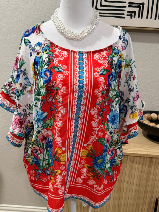 Colorful flowy sleeved floral blouse