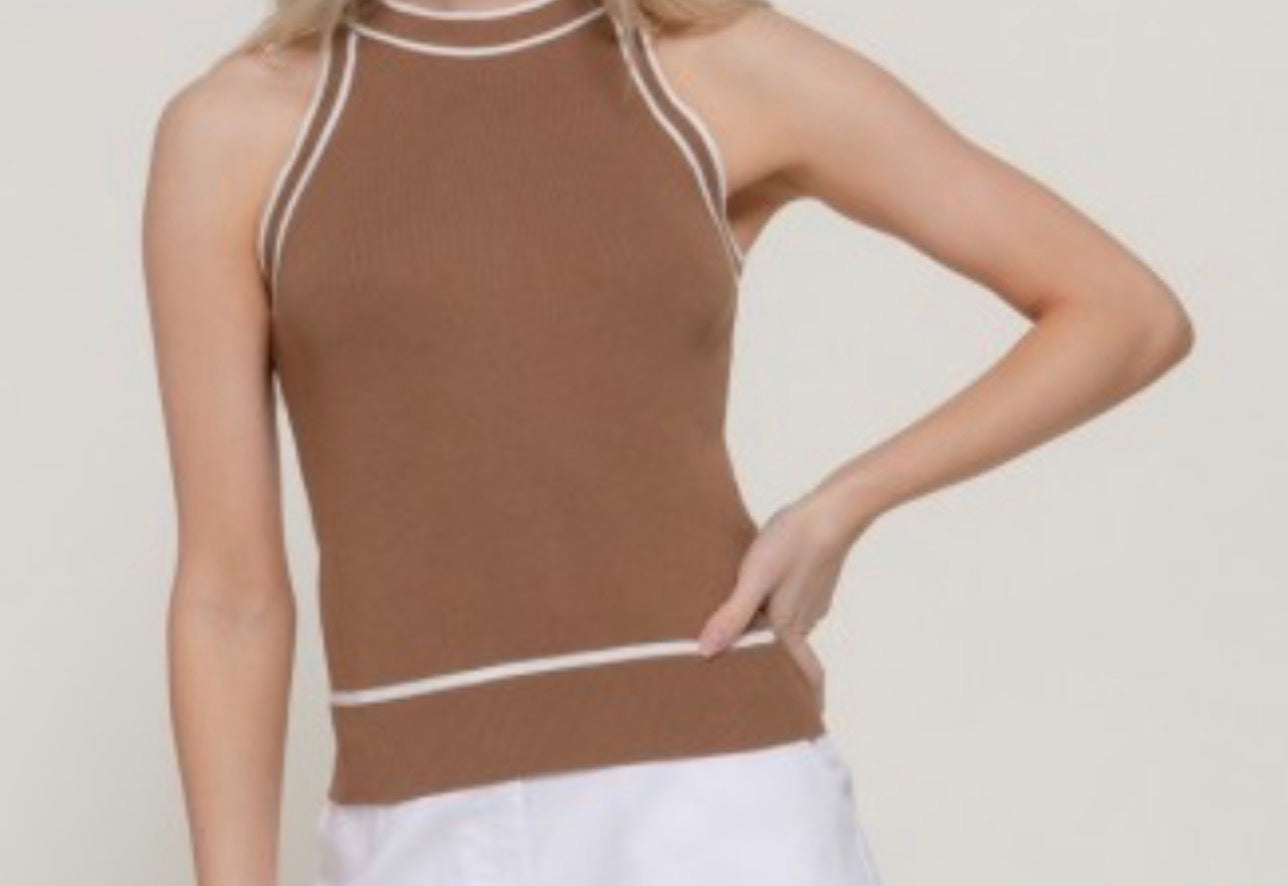 Brown and white halter neck tank sweater