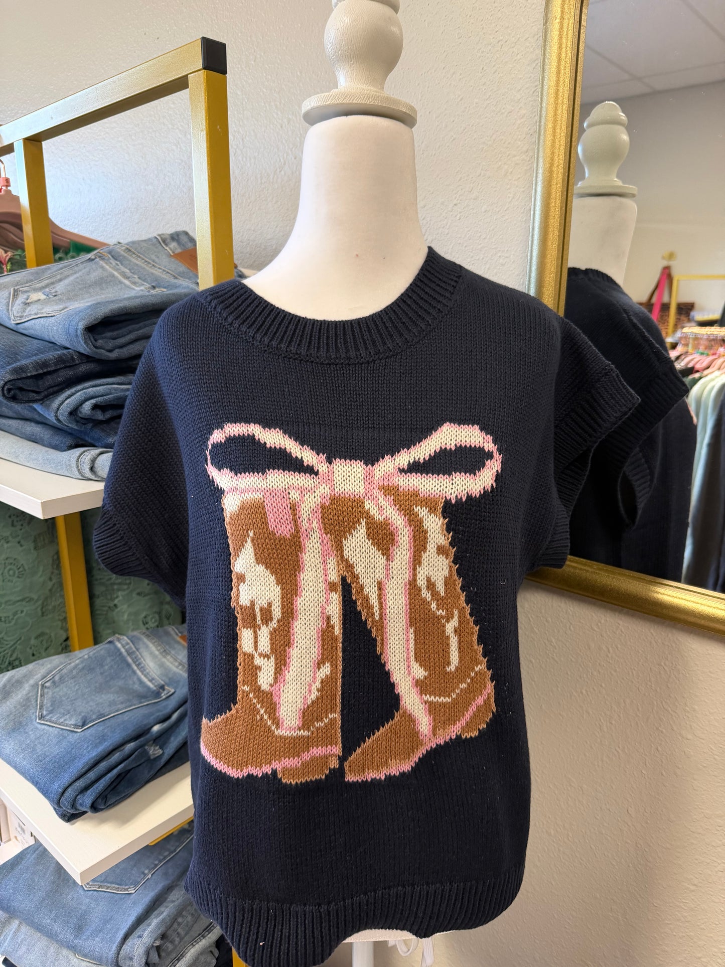 Navy Boots with pink bow sweater tops