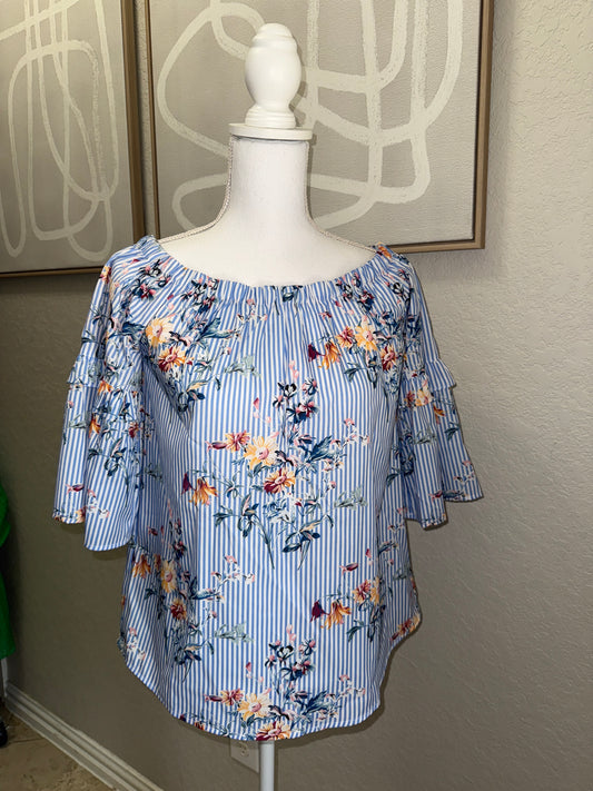 Light Blue & White Striped Floral Blouse