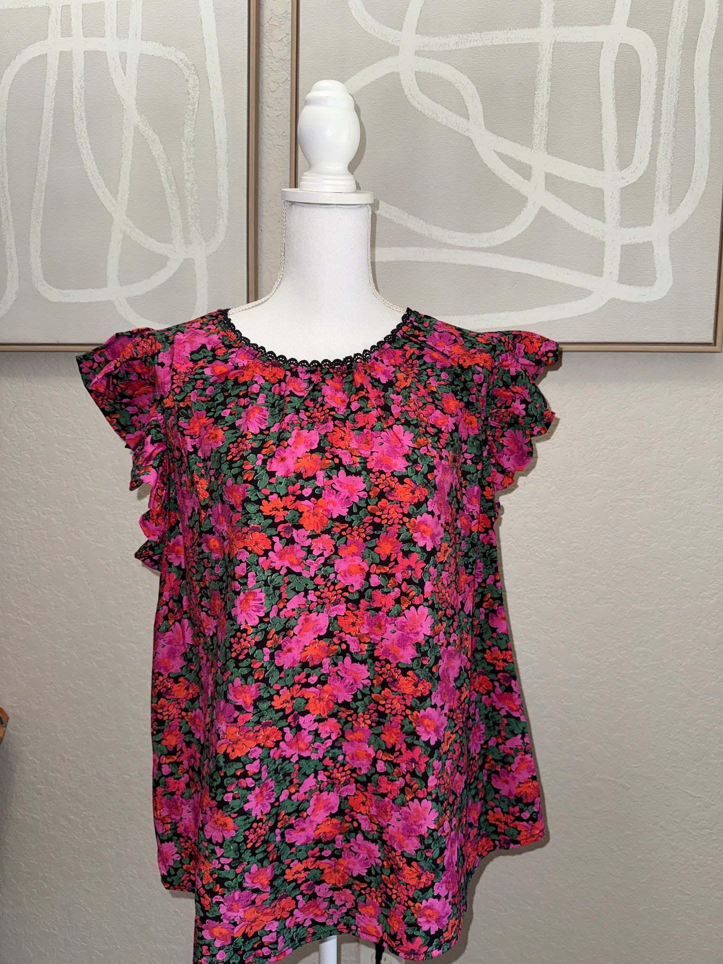 Black Floral Ruffle Sleeve Tank Blouse