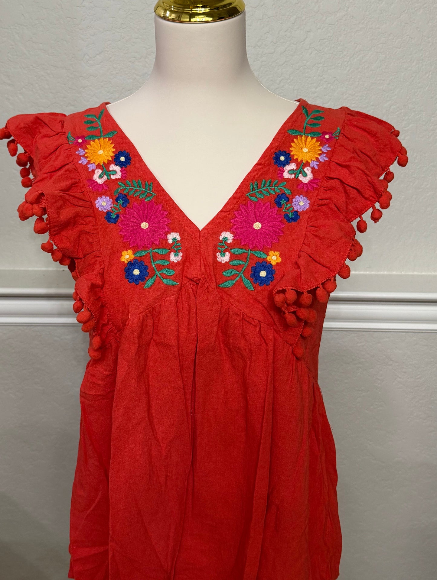 Fiesta Red Embroidered Floral Pom Pom Top Blouse Shirt