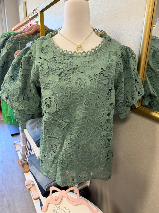 Sage floral eyelet top