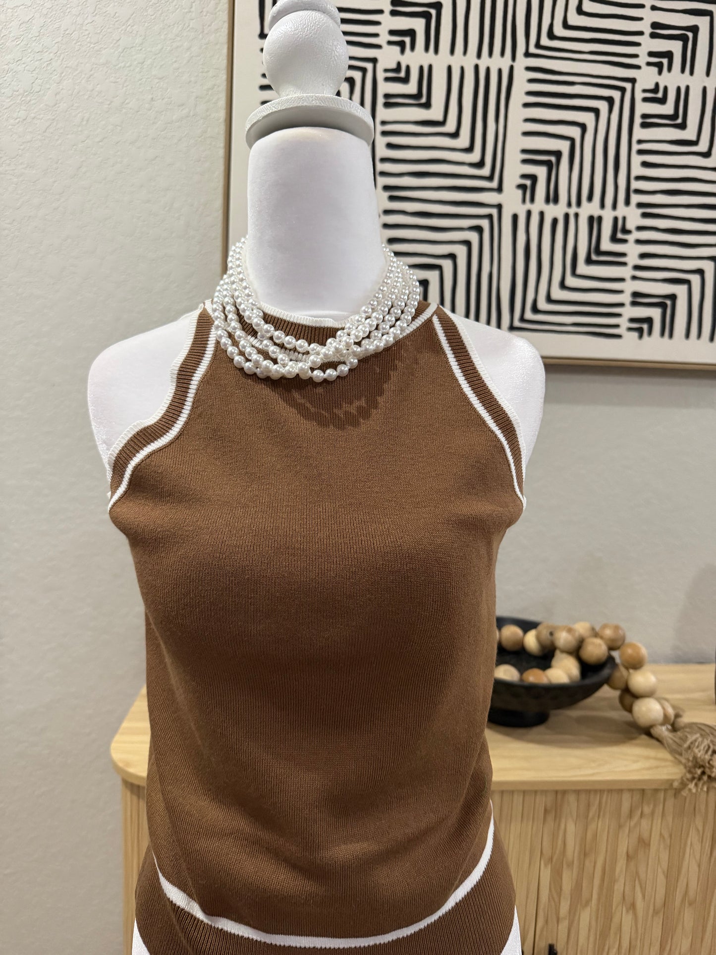 Brown and white halter neck tank sweater