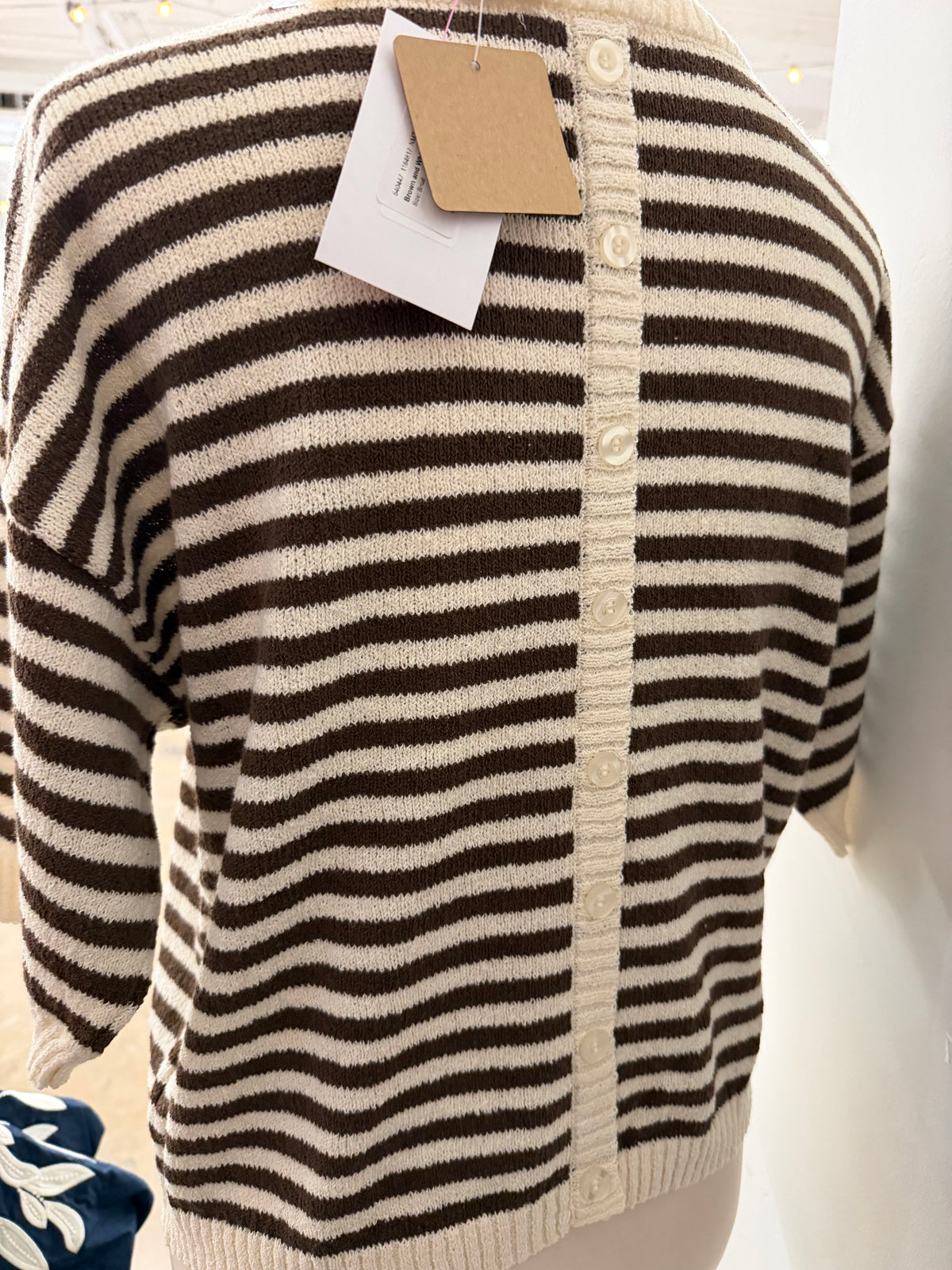 Brown and White Striped Top with buttons in the back