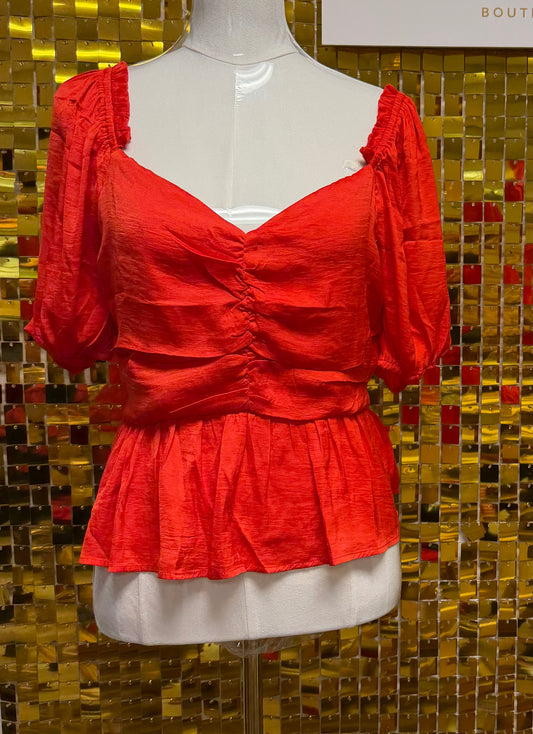 Red Gathered Peplum Top