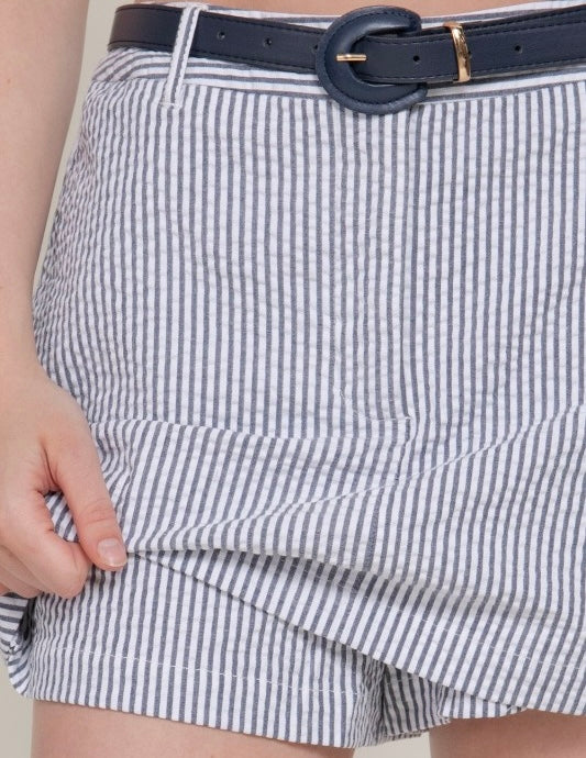 Striped woven belted navy skort