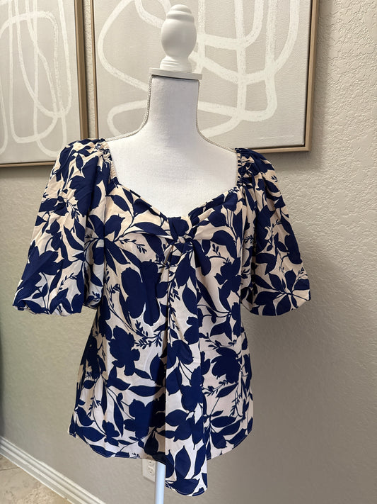 Umgee Royal Blue Floral Print Puff Sleeve Blouse
