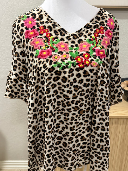 Cheetah print blouse with floral embroidery