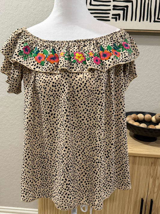 Animal print blouse with floral embroidery