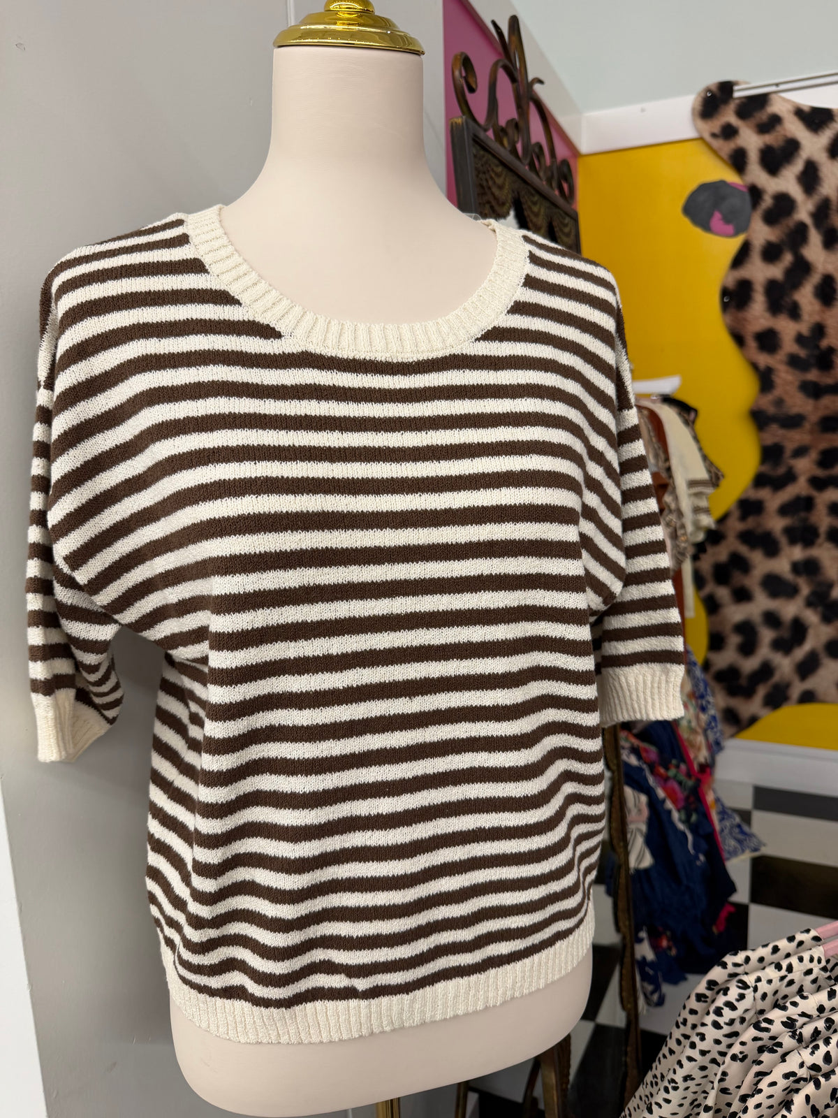 Brown and White Striped Top with buttons in the back