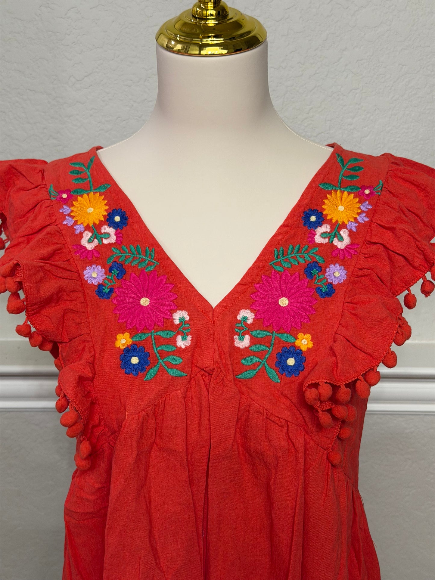Fiesta Red Embroidered Floral Pom Pom Top Blouse Shirt
