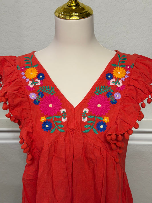 Fiesta Red Embroidered Floral Pom Pom Top Blouse Shirt