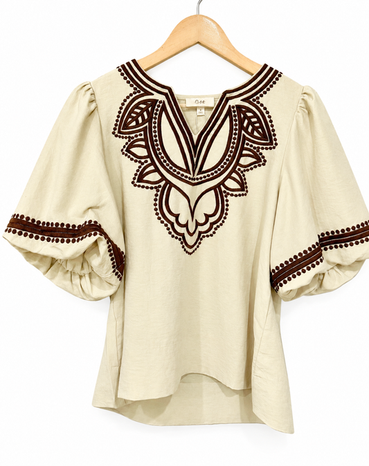Cream puff sleeve v neck blouse with brown embroidery