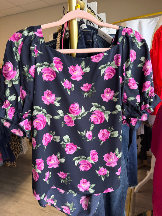 Navy Pink Rose Top