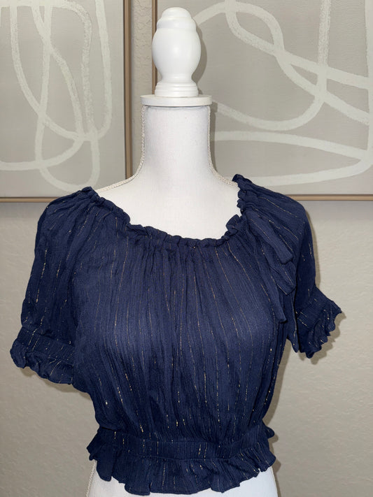 Navy Blue Gold Pinstripe Elastic Waist Blouse