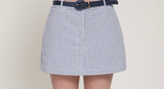 Striped woven belted navy skort