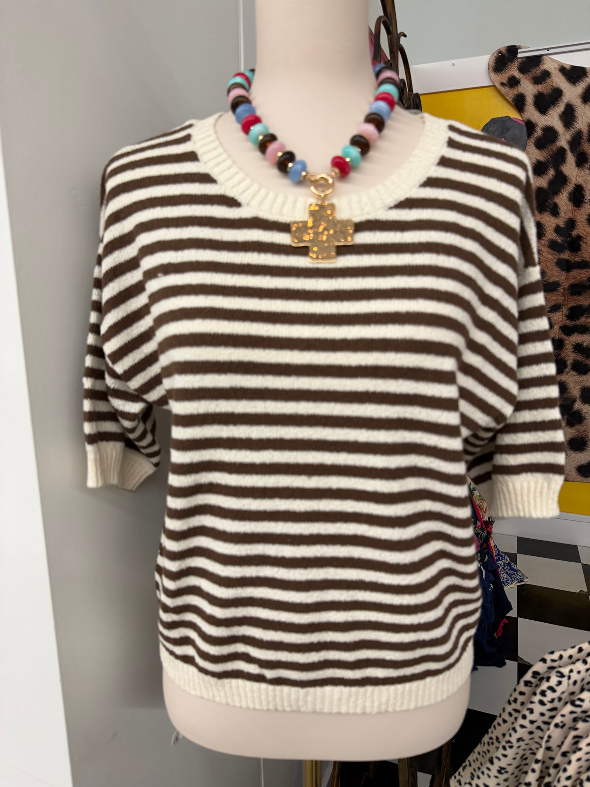 Brown and White Striped Top with buttons in the back