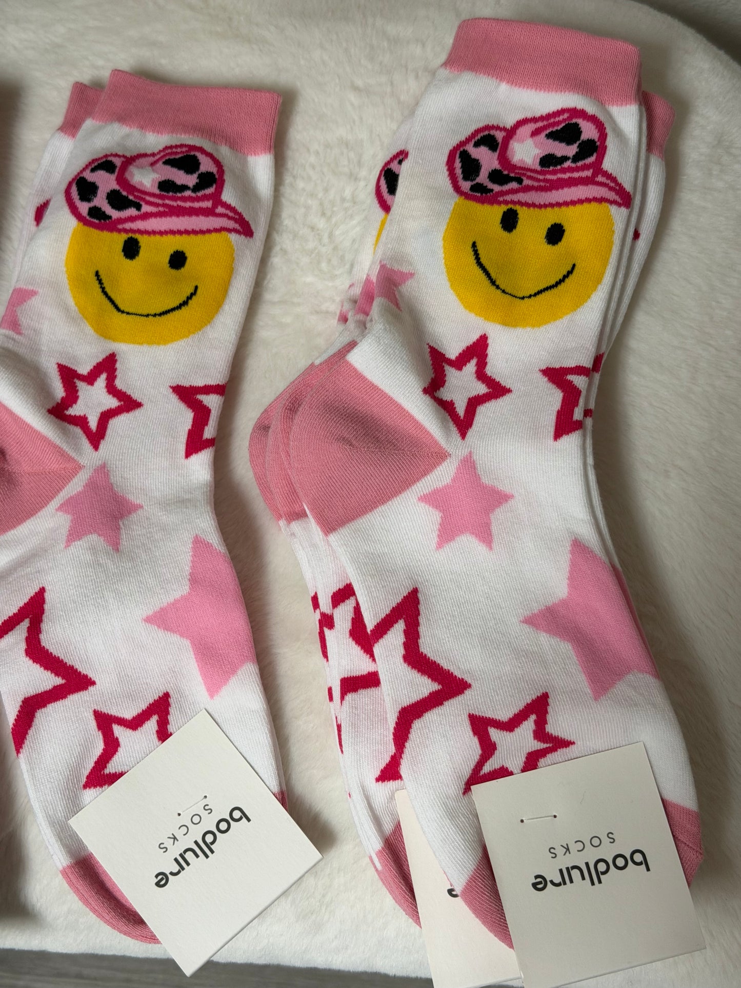 Pink Happy Face Cowgirl Star Socks