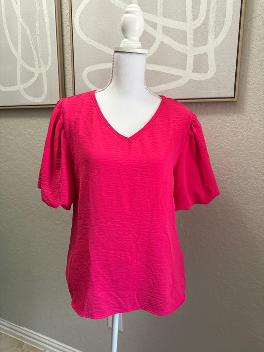 Puff Sleeve Hot Pink V Neck Blouse