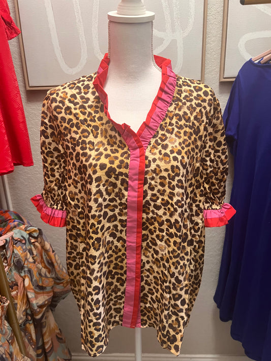 Leopard print button up pink red ruffle top