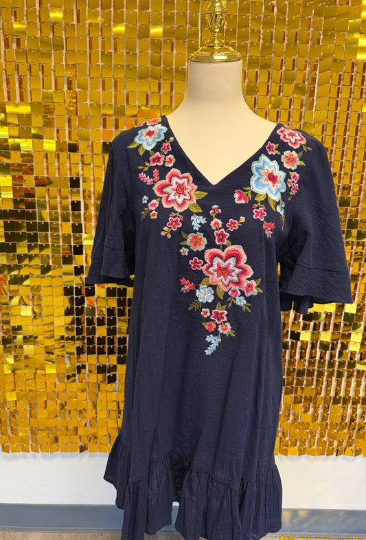 Navy Floral Embroidered Dress