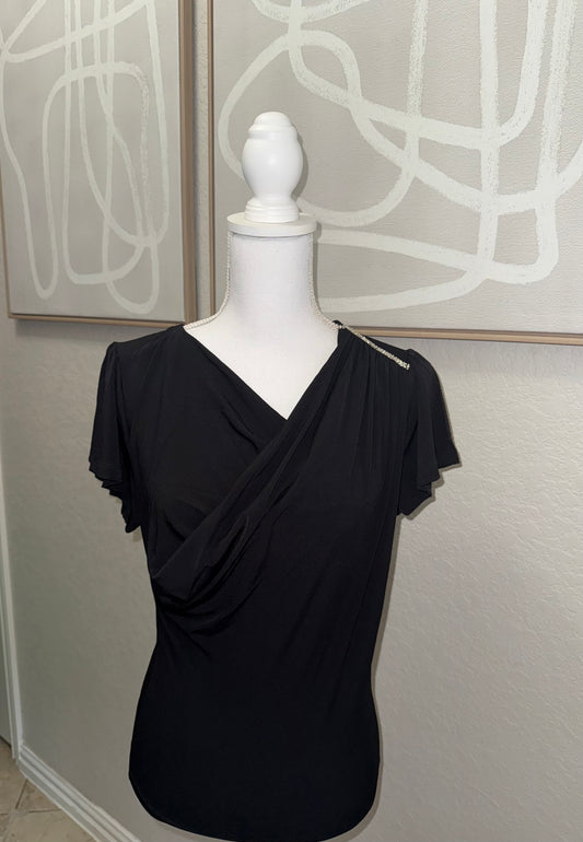 Black Cowl Neck Blouse with Rhinestones