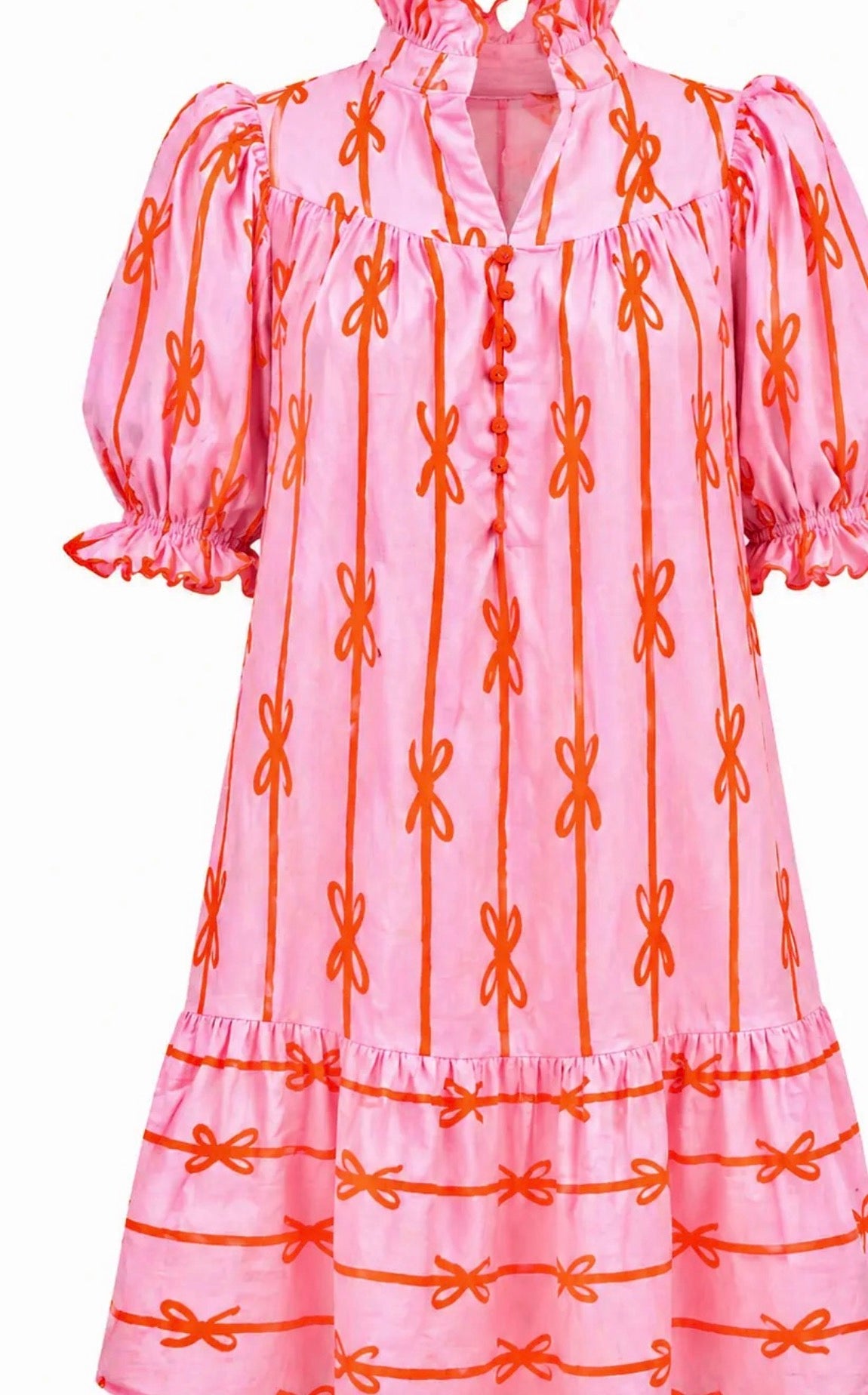 Pink and orange striped bow printed dress