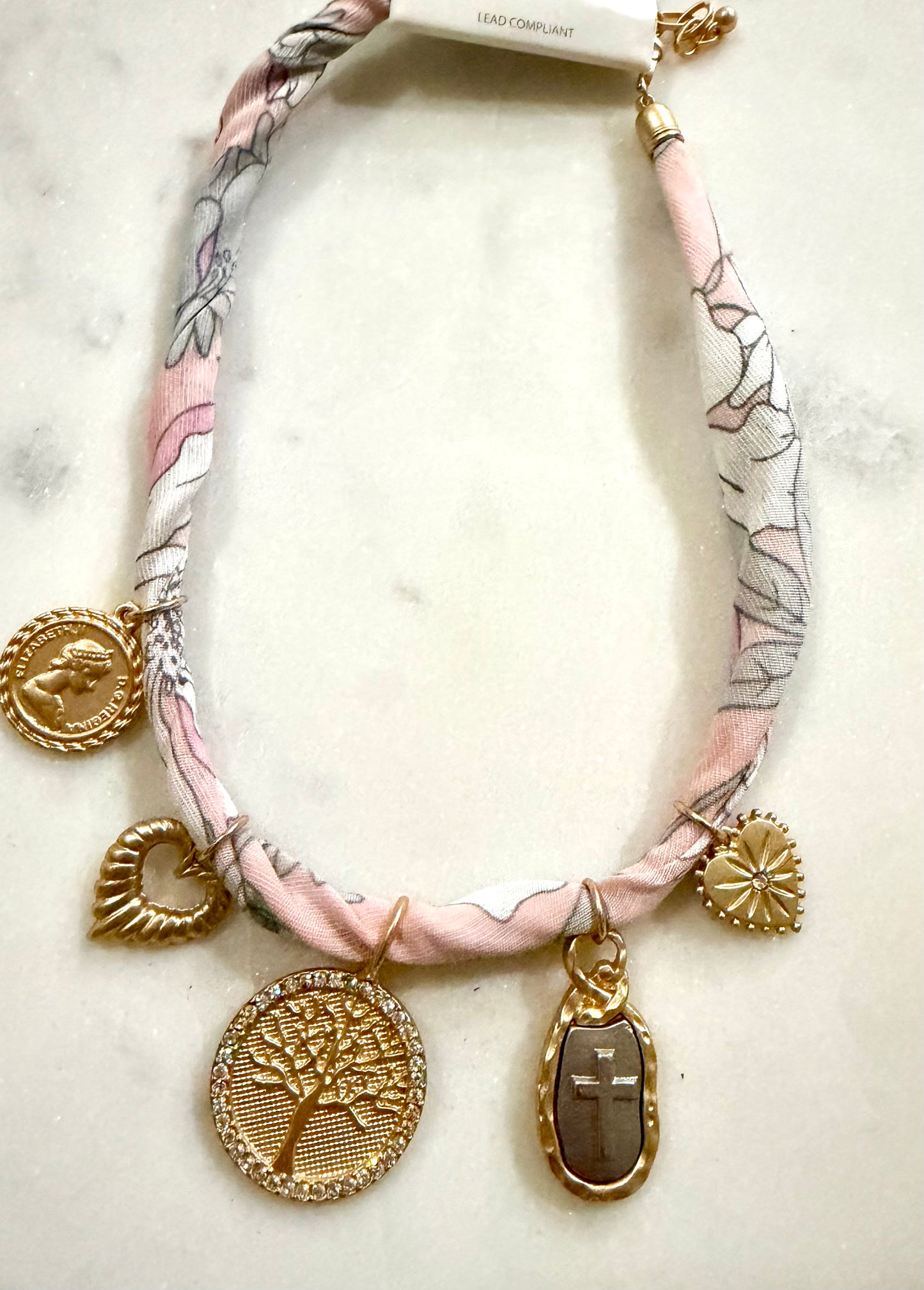 Pink gray bandana necklace with charms