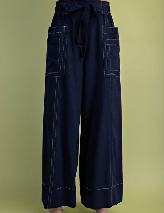 Navy wide leg elastic waist with ribbon tie waist